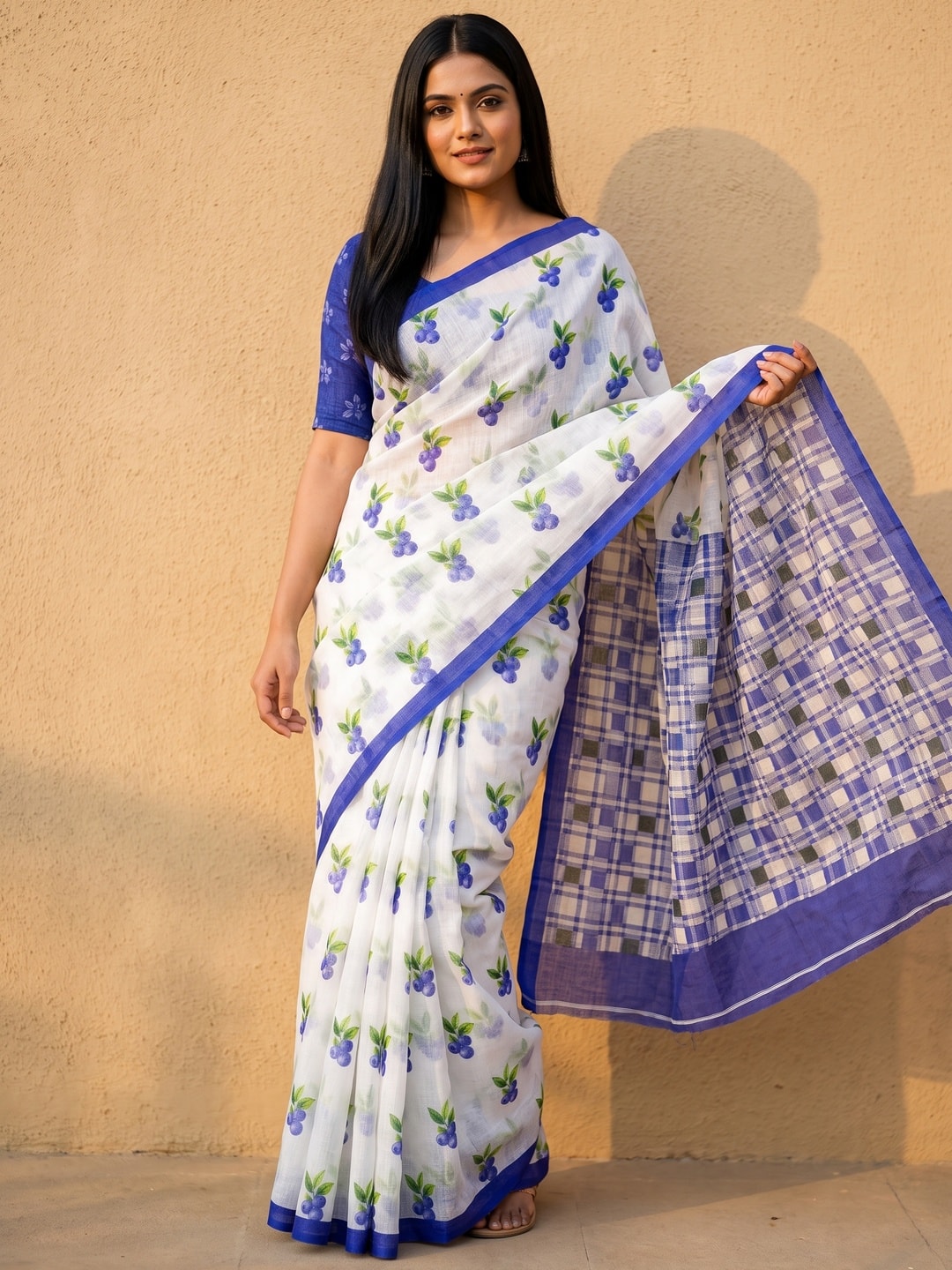 Peachmode Blue Soft Linen Saree with Lehariya fruit print - Image 1