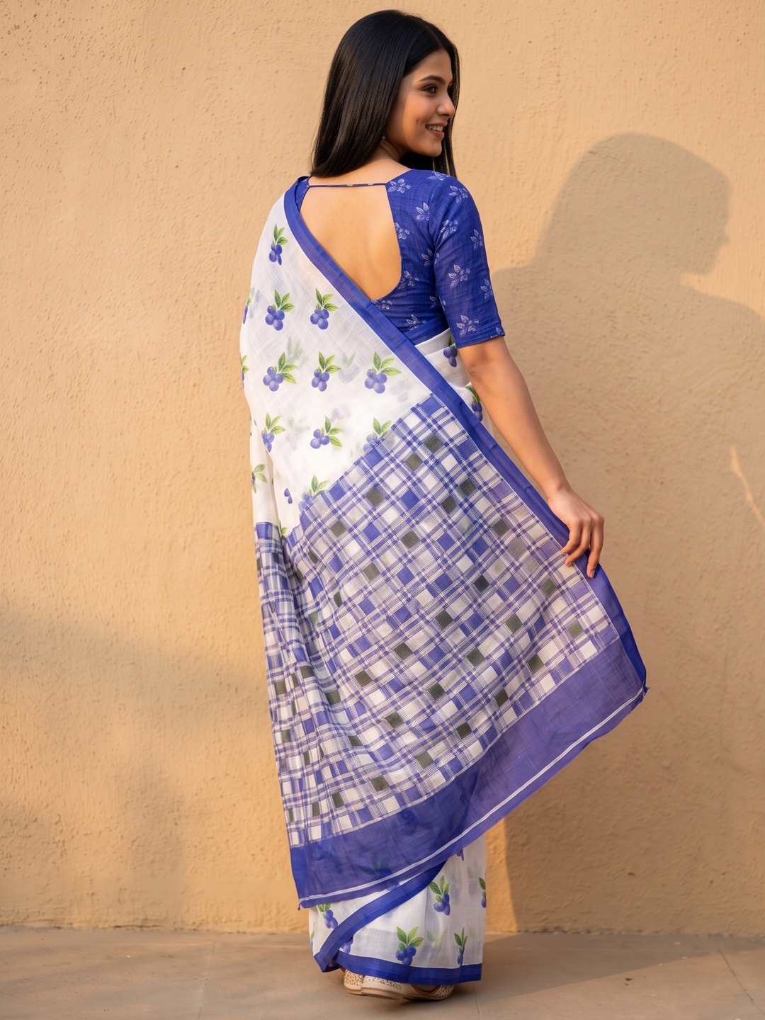 Peachmode Blue Soft Linen Saree with Lehariya fruit print - Image 2