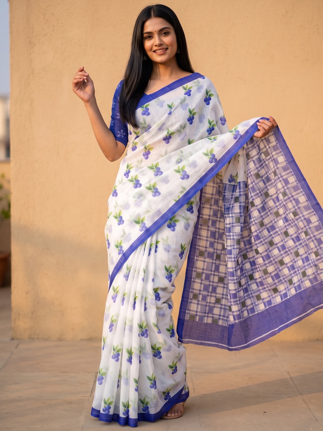 Peachmode Blue Soft Linen Saree with Lehariya fruit print - Image 4