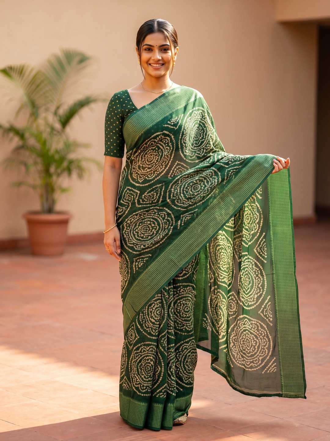 Green Bandhani Printed Georgette Saree With Viscose Border - Image 1