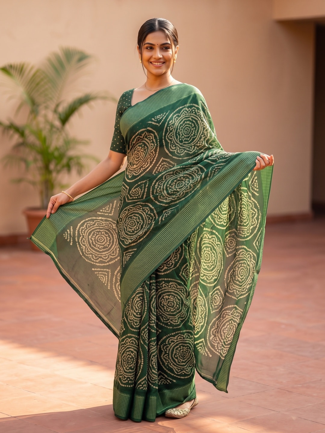 Green Bandhani Printed Georgette Saree With Viscose Border - Image 4