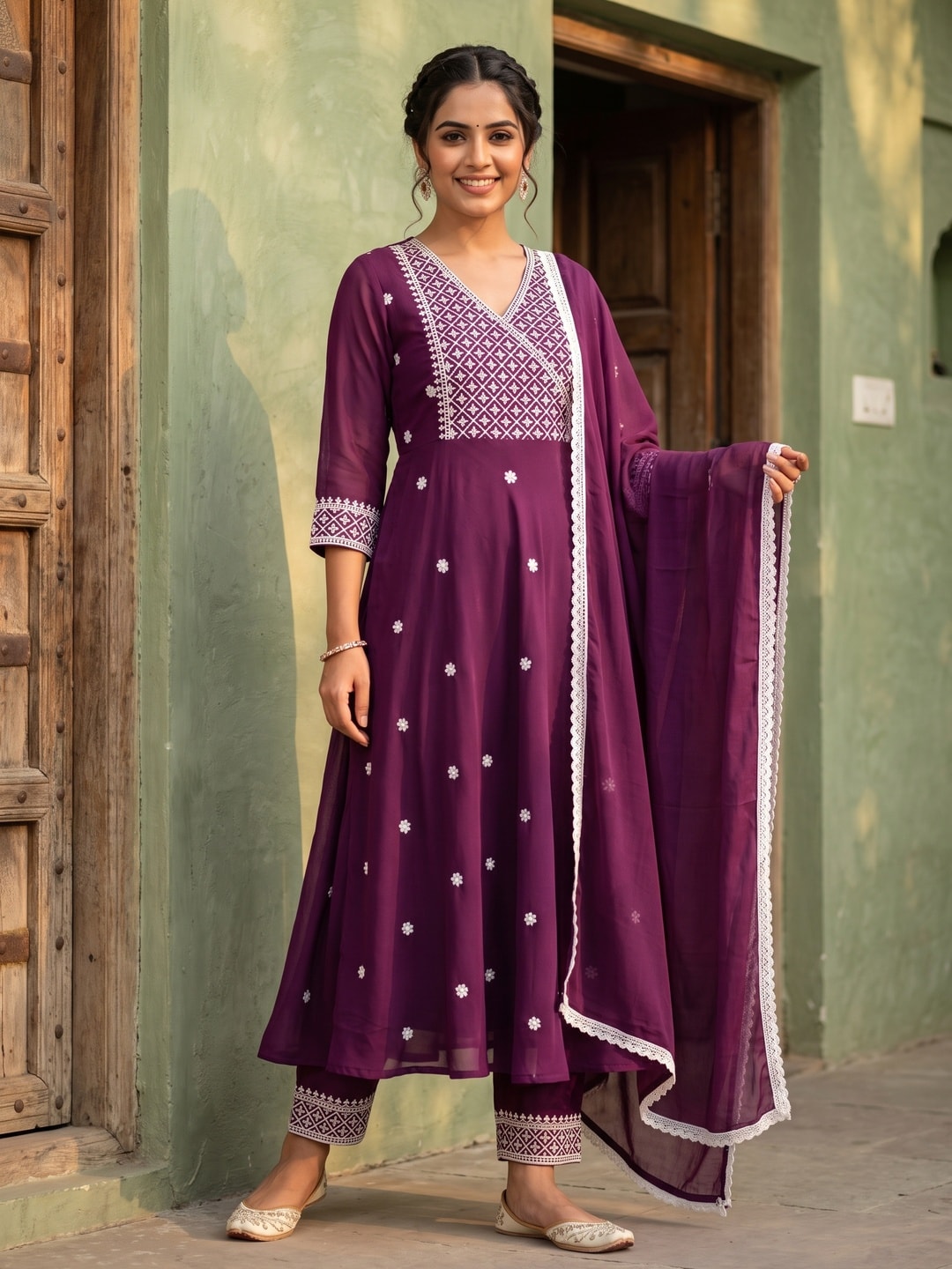 Wine Lucknowi Work Rayon Naira Cut Suit - Image 1