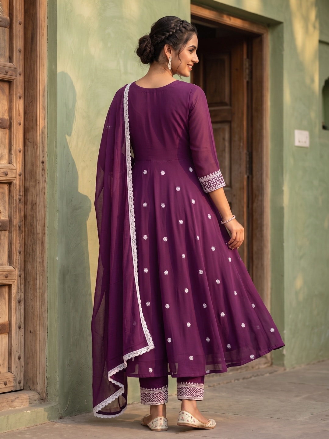Wine Lucknowi Work Rayon Naira Cut Suit - Image 2