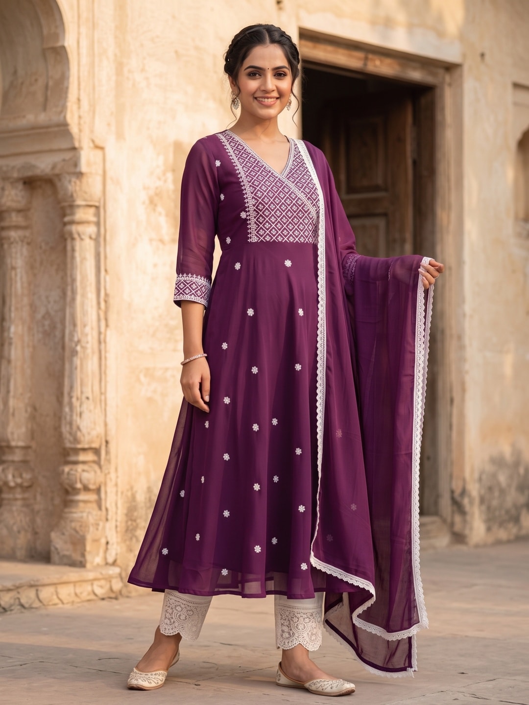 Wine Lucknowi Work Rayon Naira Cut Suit - Image 3