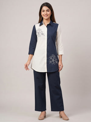 Peachmode Navy and Ivory Cotton Colourblock Floral Embroidered Co-ord Set - Image 1