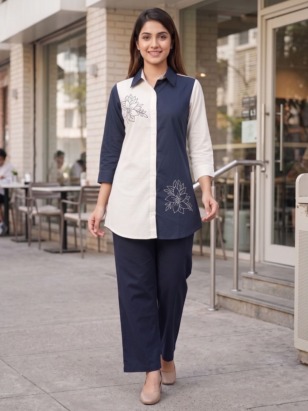 Peachmode Navy and Ivory Cotton Colourblock Floral Embroidered Co-ord Set - Image 2
