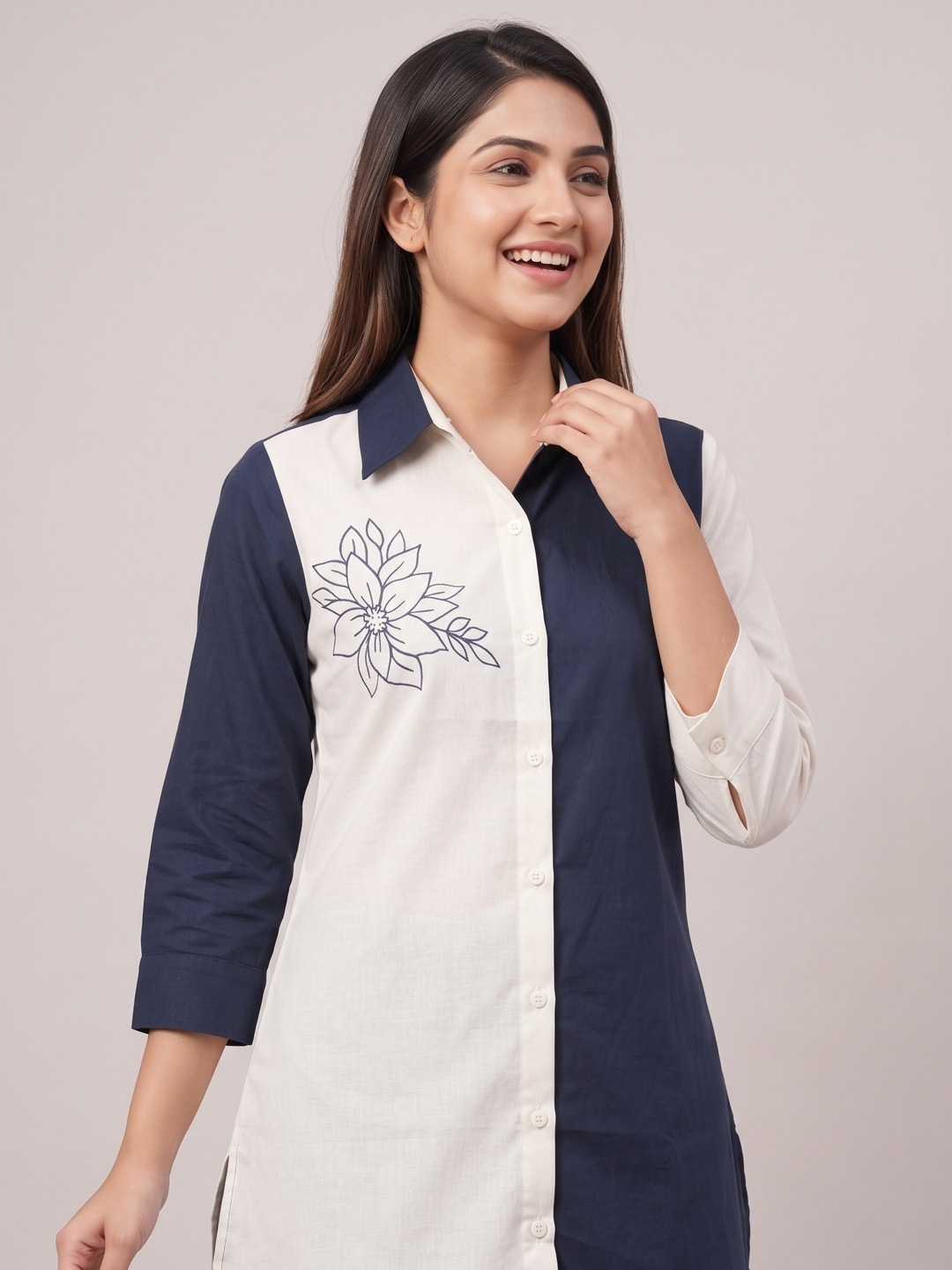 Peachmode Navy and Ivory Cotton Colourblock Floral Embroidered Co-ord Set - Image 5