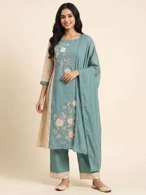 Peachmode Teal Mul Chanderi Floral Embroidered Panelled Salwar Suit Set - Image 1