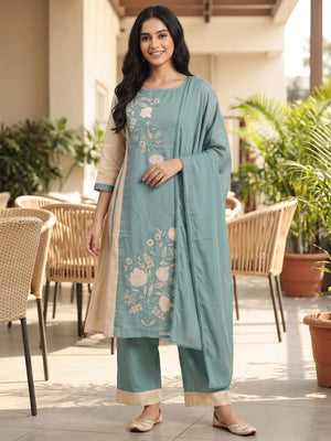 Peachmode Teal Mul Chanderi Floral Embroidered Panelled Salwar Suit Set - Image 2