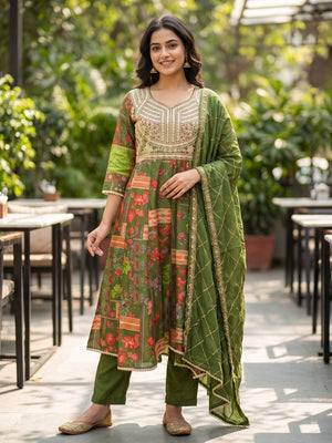 Peachmode Mehndi Green Silk Blend Floral Printed Embroidered Anarkali Salwar Suit - Image 1