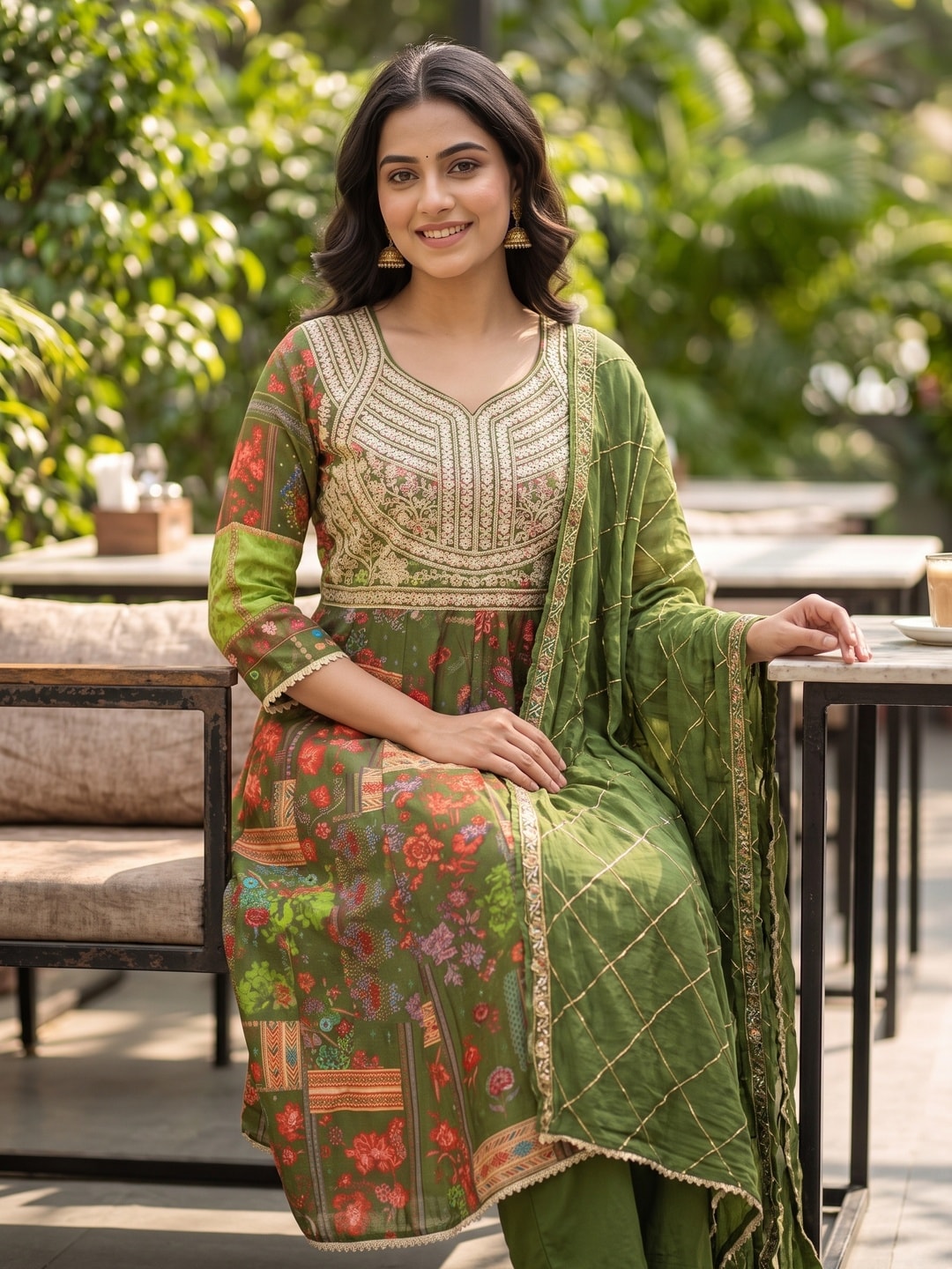 Peachmode Mehndi Green Silk Blend Floral Printed Embroidered Anarkali Salwar Suit - Image 2