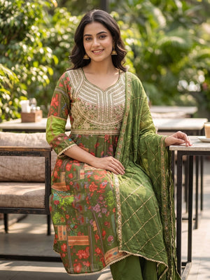 Peachmode Mehndi Green Silk Blend Floral Printed Embroidered Anarkali Salwar Suit - Image 2