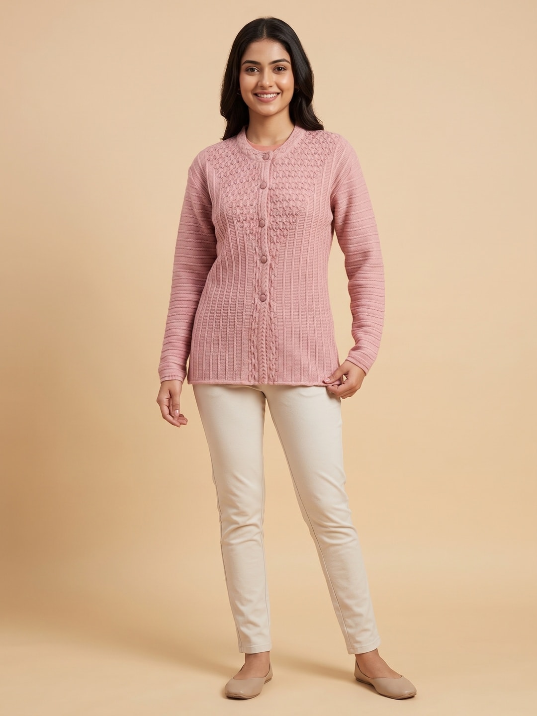 Peachmode Pink Woolen Cardigan - Image 1