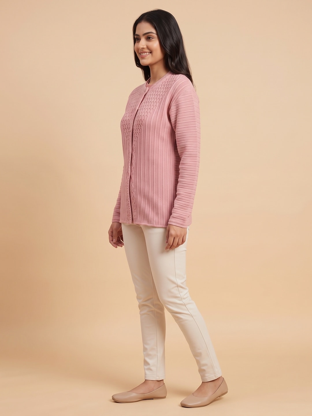 Peachmode Pink Woolen Cardigan - Image 3