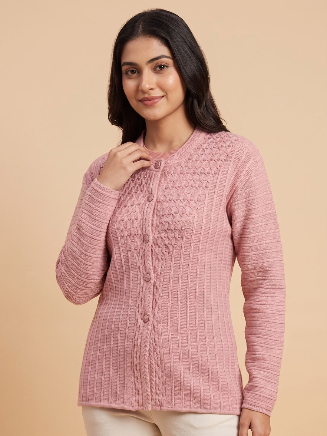 Peachmode Pink Woolen Cardigan - Image 5