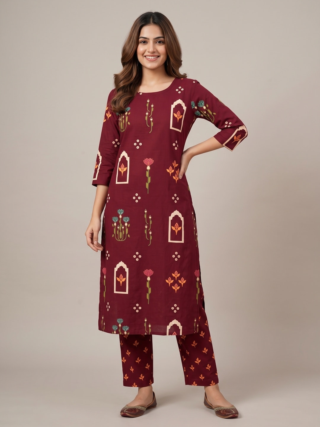 Peachmode Maroon Arch Floral Printed Two-Piece Unstitched Dress Material - Image 2