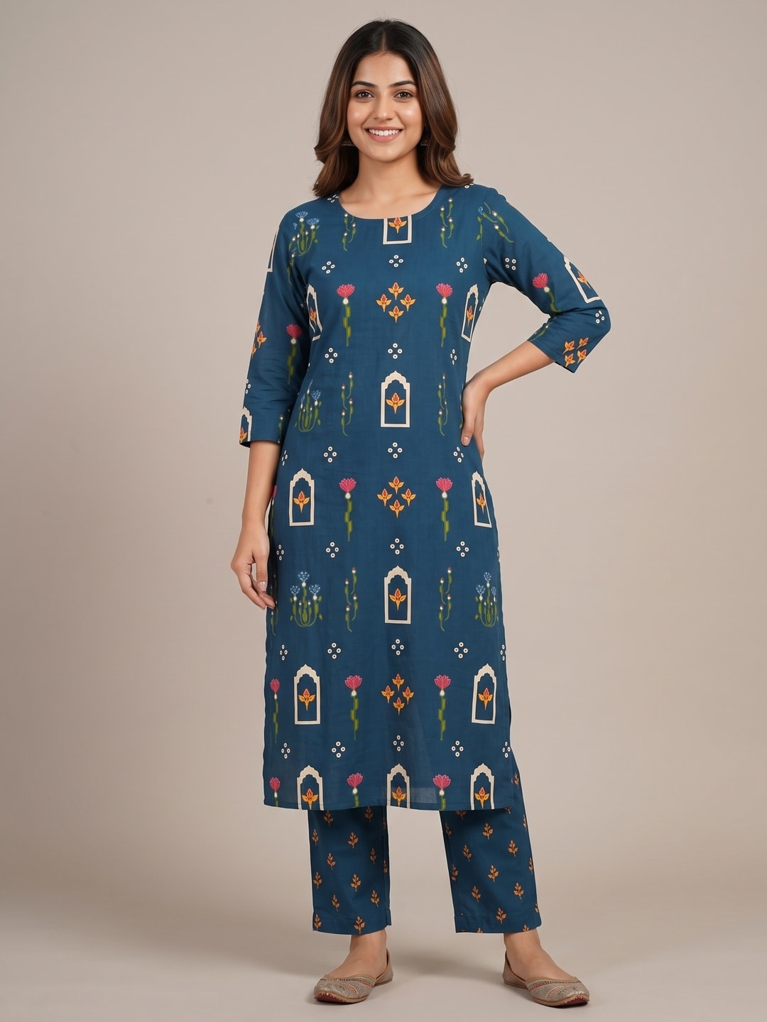 Peachmode Teal Arch Floral Printed Two-Piece Unstitched Dress Material - Image 2
