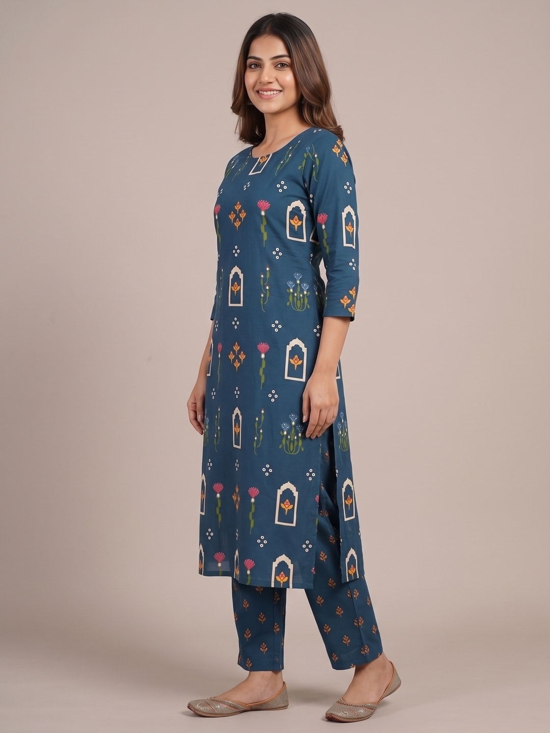 Peachmode Teal Arch Floral Printed Two-Piece Unstitched Dress Material - Image 4
