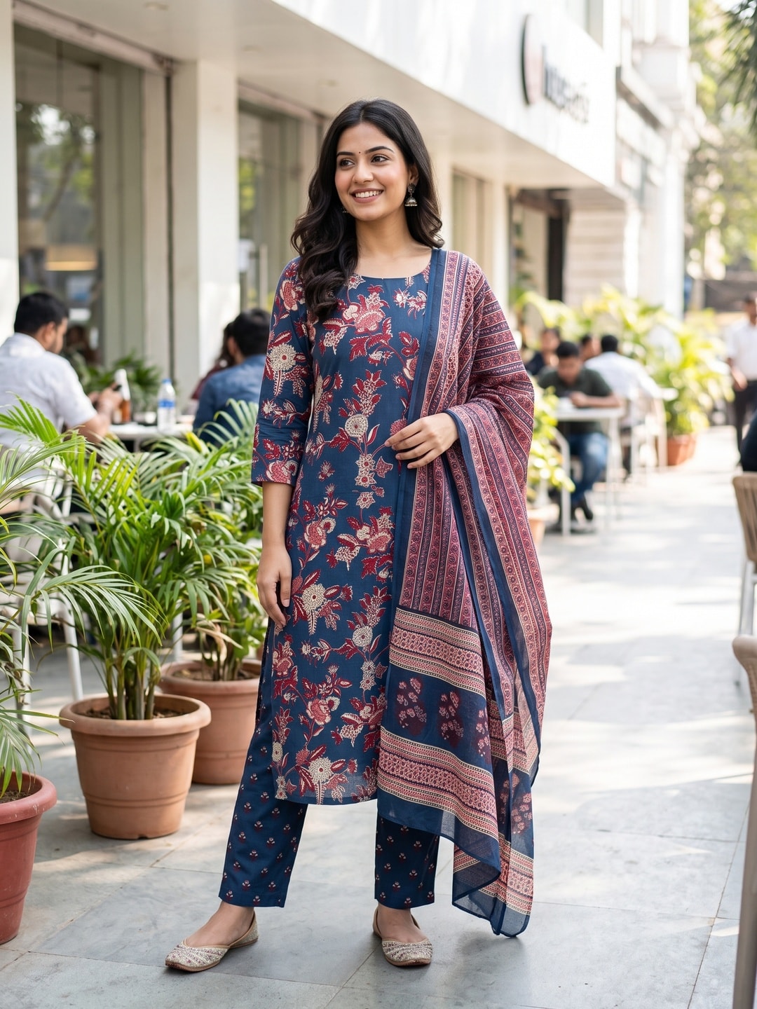 Peachmode Navy Blue Printed Cotton Unstitched Dress Material With Dupatta - Image 2