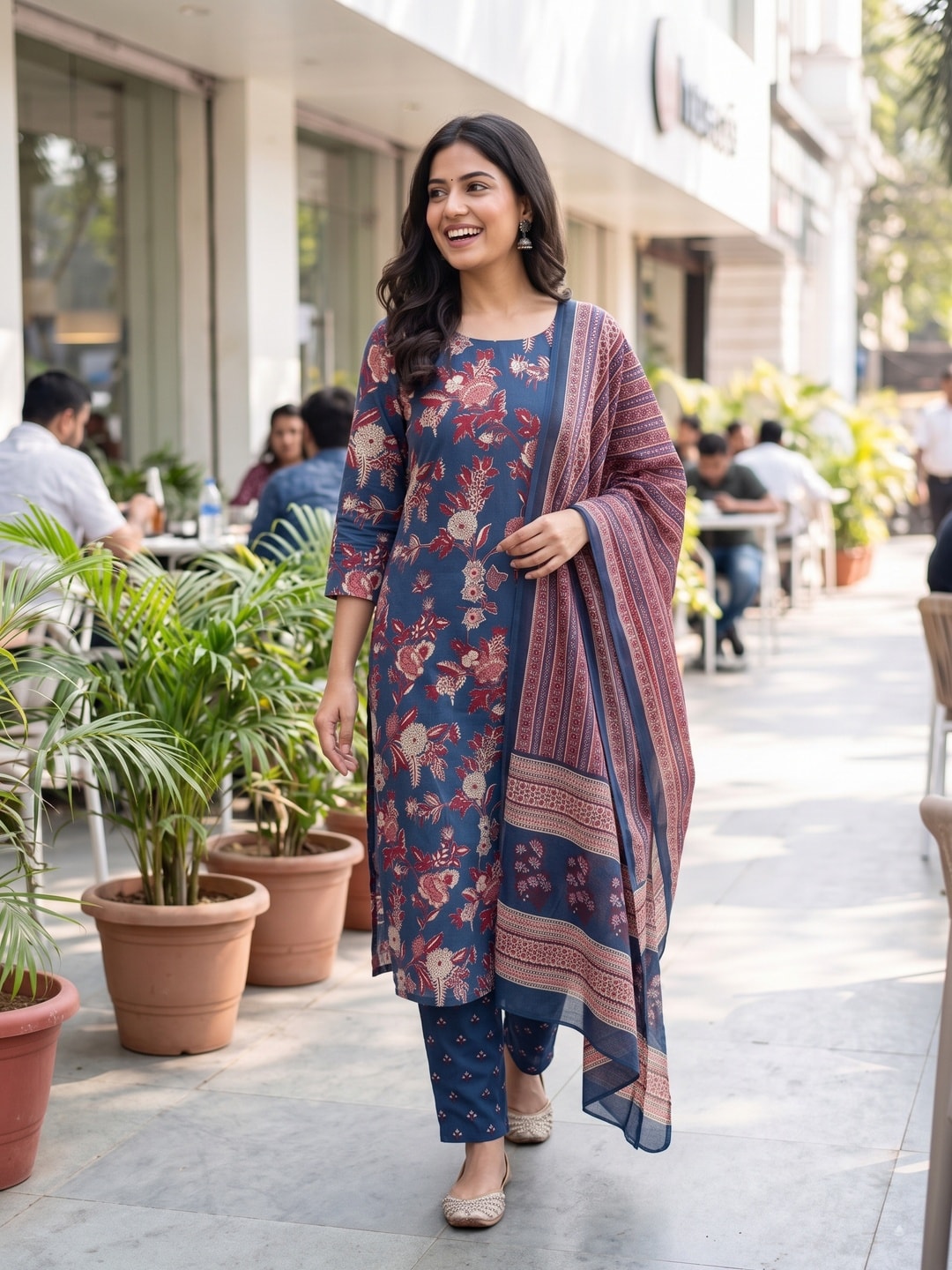 Peachmode Navy Blue Printed Cotton Unstitched Dress Material With Dupatta - Image 3
