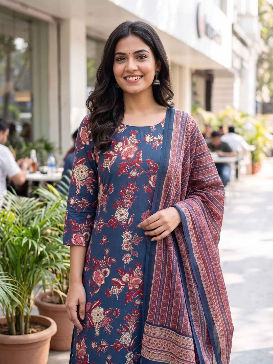 Peachmode Navy Blue Printed Cotton Unstitched Dress Material With Dupatta - Image 5