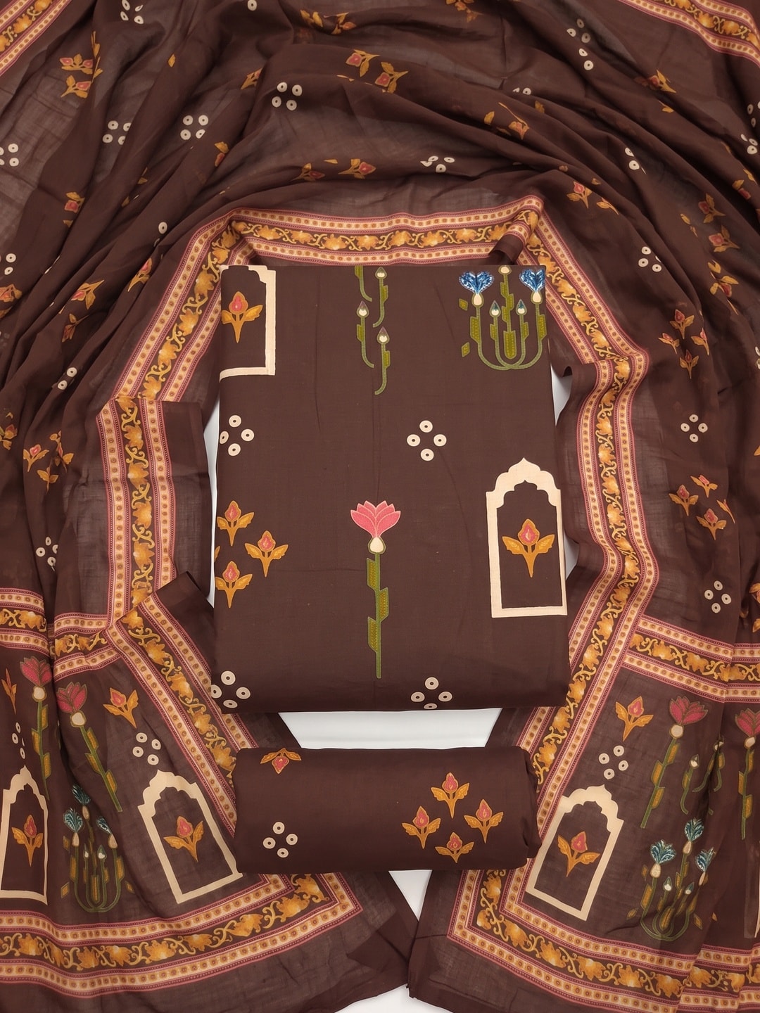 Peachmode Brown Printed Cotton Unstitched Dress Material With Dupatta - Image 1