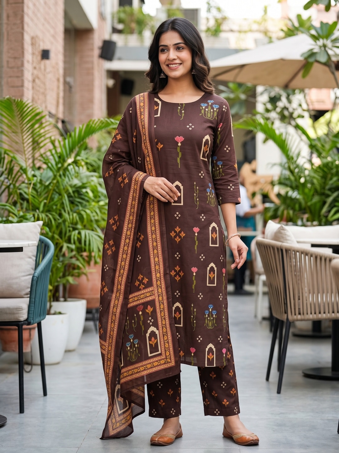 Peachmode Brown Printed Cotton Unstitched Dress Material With Dupatta - Image 2