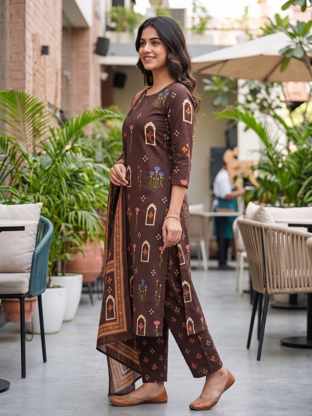 Peachmode Brown Printed Cotton Unstitched Dress Material With Dupatta - Image 4