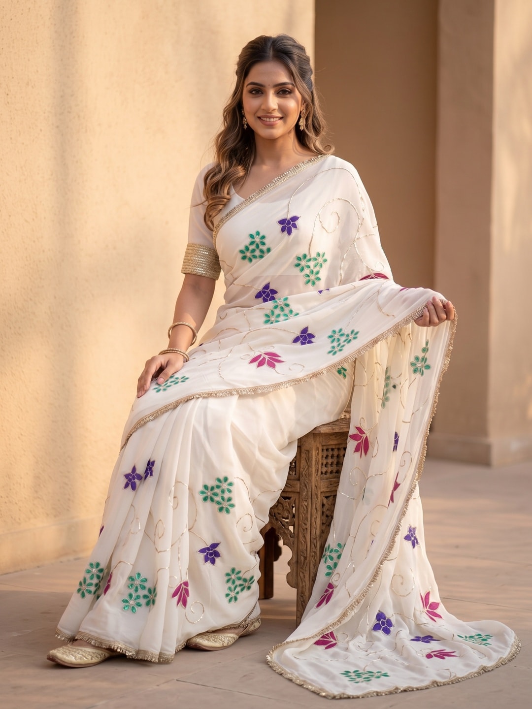 Peachmode Off White Gotapati Work Hand Painted Star Georgette Saree - Image 4