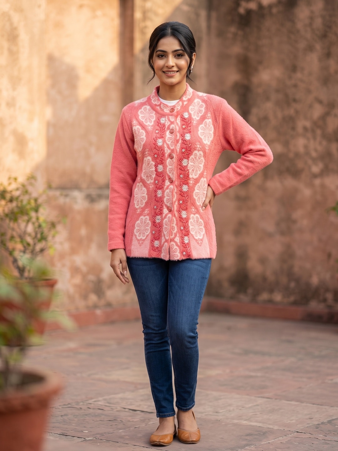 Peachmode Pink Woolen Embroidered Cardigan - Image 1