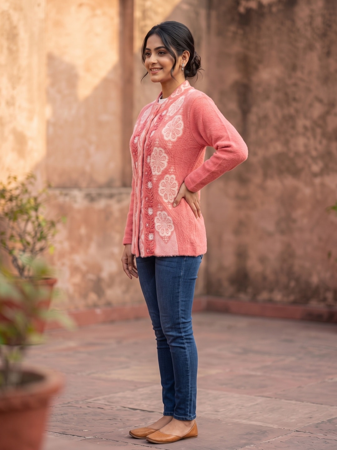 Peachmode Pink Woolen Embroidered Cardigan - Image 3