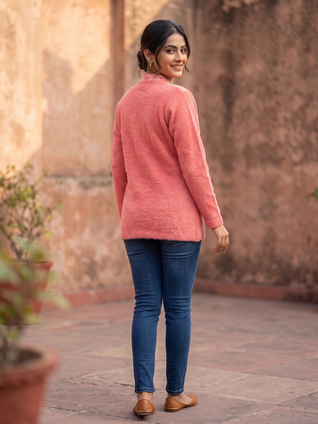 Peachmode Pink Woolen Embroidered Cardigan - Image 4