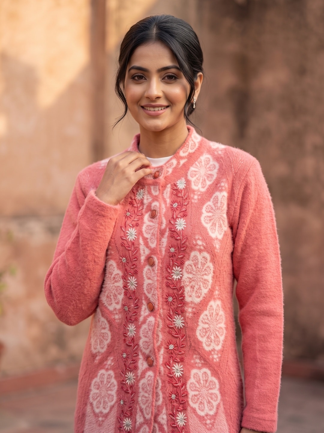 Peachmode Pink Woolen Embroidered Cardigan - Image 5