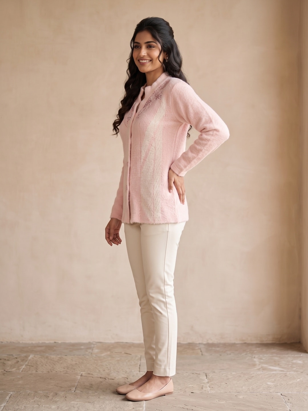 Peachmode Baby Pink Woolen Embroidered Cardigan - Image 3