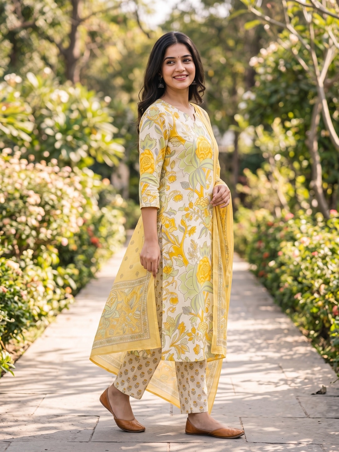 Peachmode Yellow Printed Cotton Unstitched Dress Material With Dupatta - Image 3