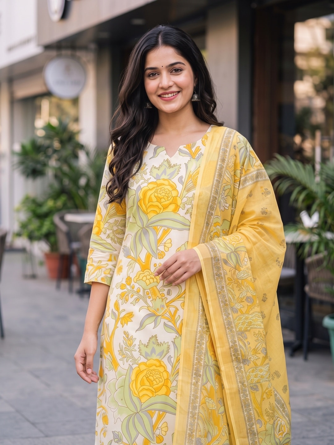 Peachmode Yellow Printed Cotton Unstitched Dress Material With Dupatta - Image 5
