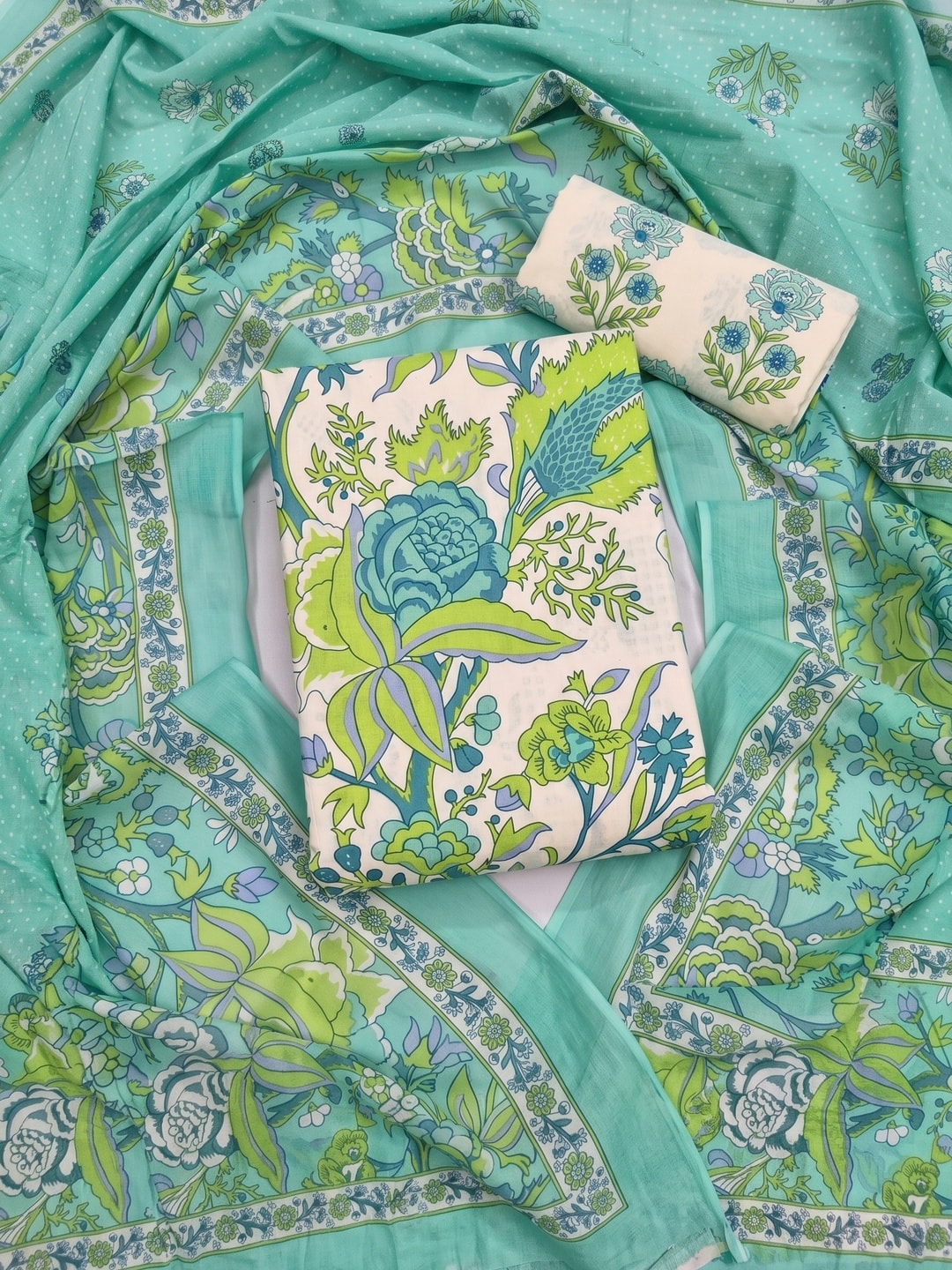 Peachmode Teal Printed Cotton Unstitched Dress Material With Dupatta - Image 1