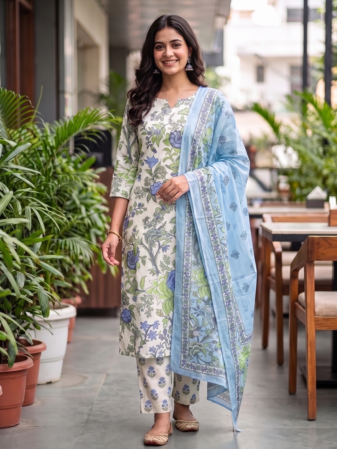Peachmode SKYBLUE Printed Cotton Unstitched Dress Material With Dupatta - Image 2