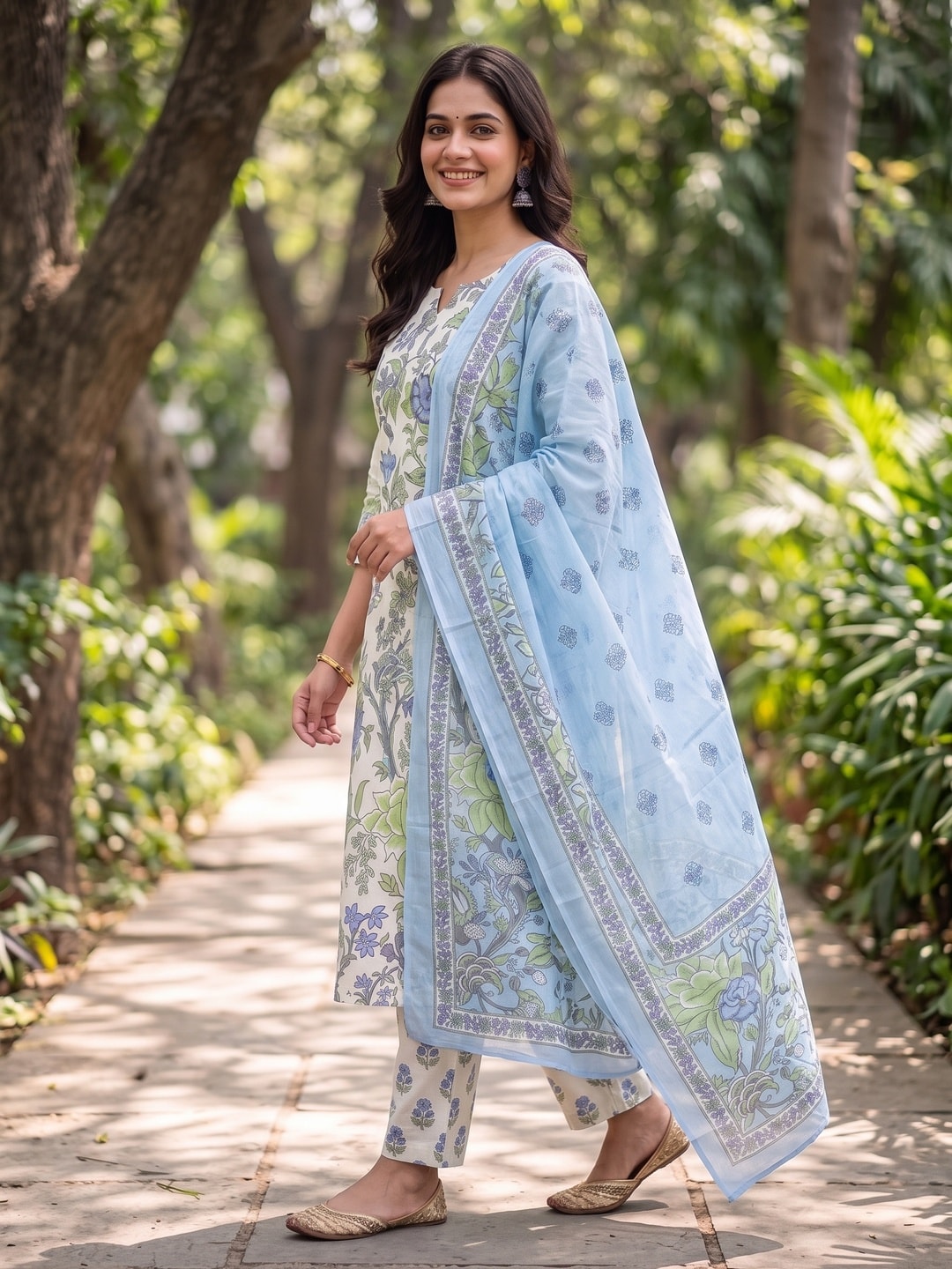 Peachmode SKYBLUE Printed Cotton Unstitched Dress Material With Dupatta - Image 3