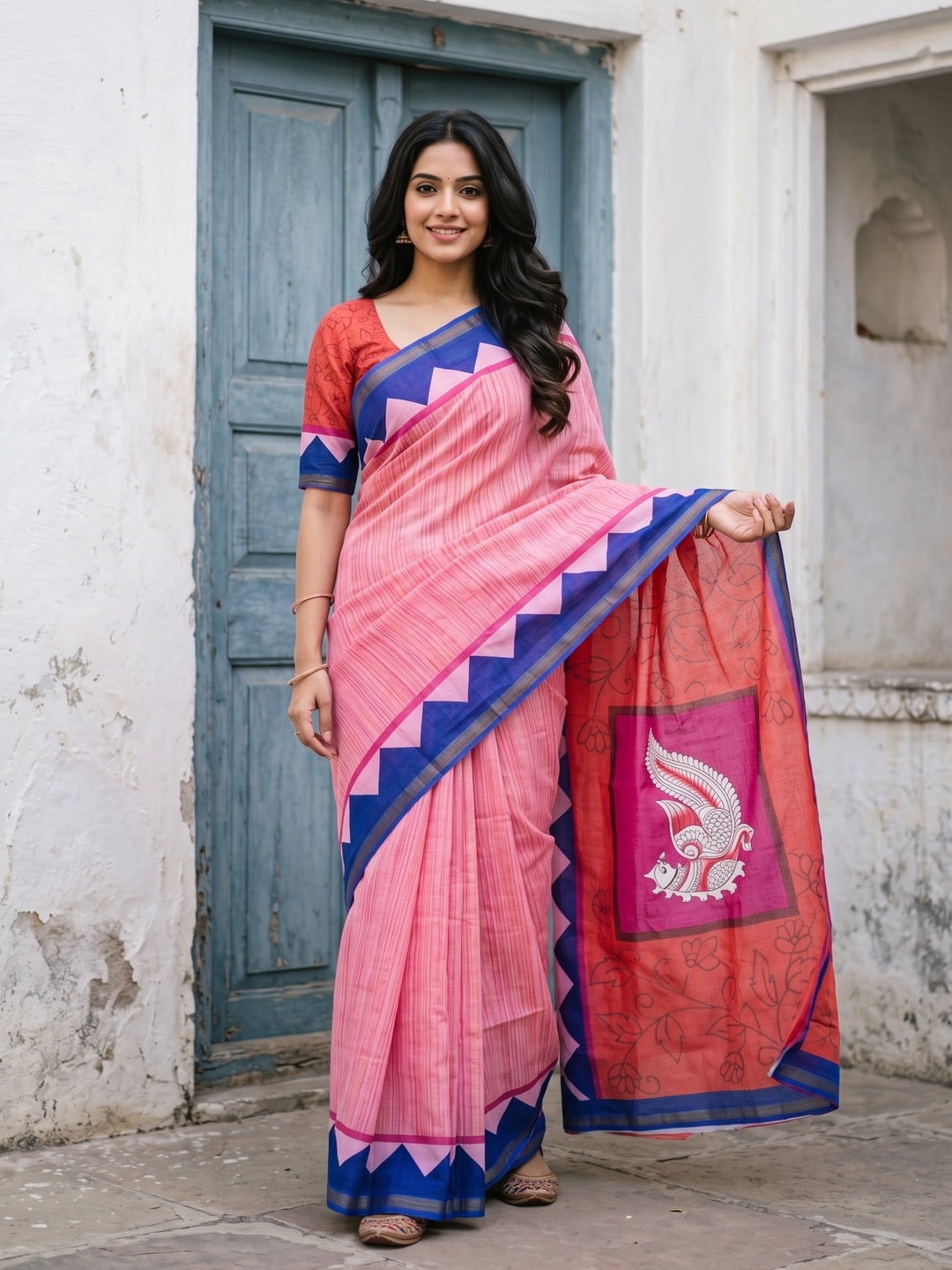 Peachmode Pink Digital Printed Malai Cotton Saree - Image 1
