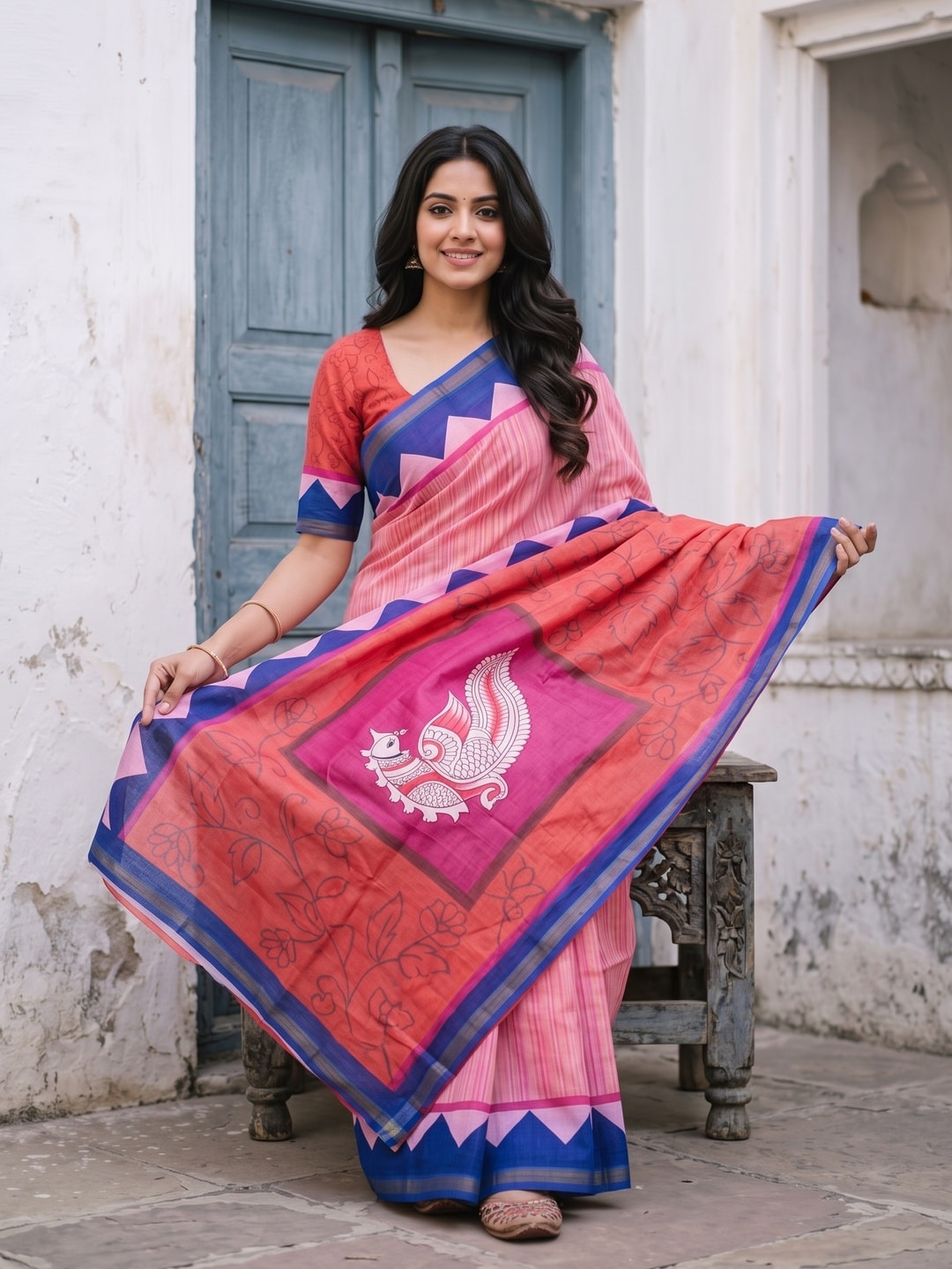 Peachmode Pink Digital Printed Malai Cotton Saree - Image 4