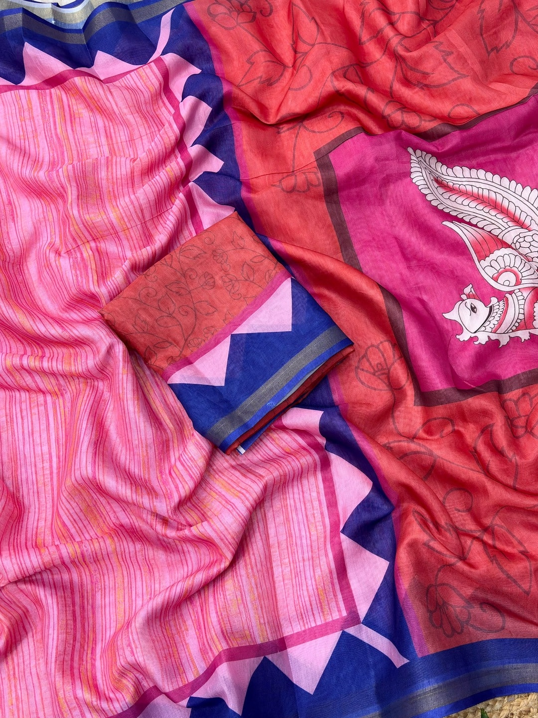 Peachmode Pink Digital Printed Malai Cotton Saree - Image 5
