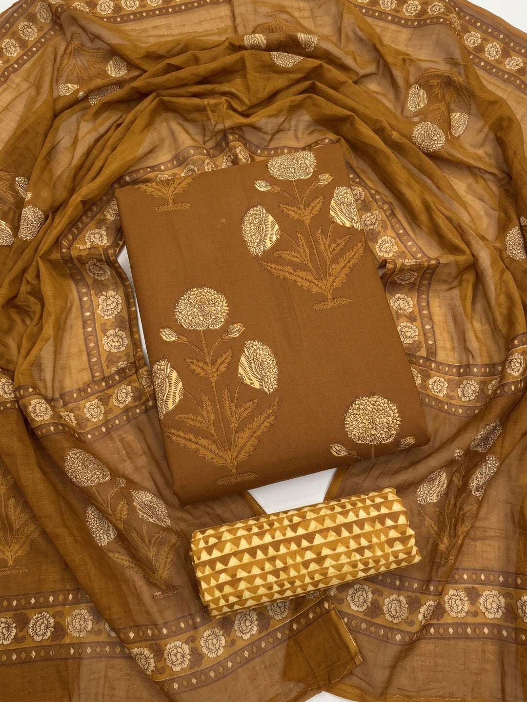 Peachmode Rust Printed Cotton Unstitched Dress Material With Dupatta - Image 1