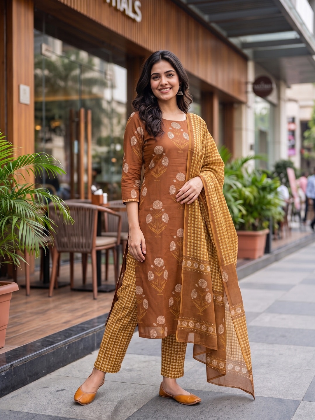 Peachmode Rust Printed Cotton Unstitched Dress Material With Dupatta - Image 2