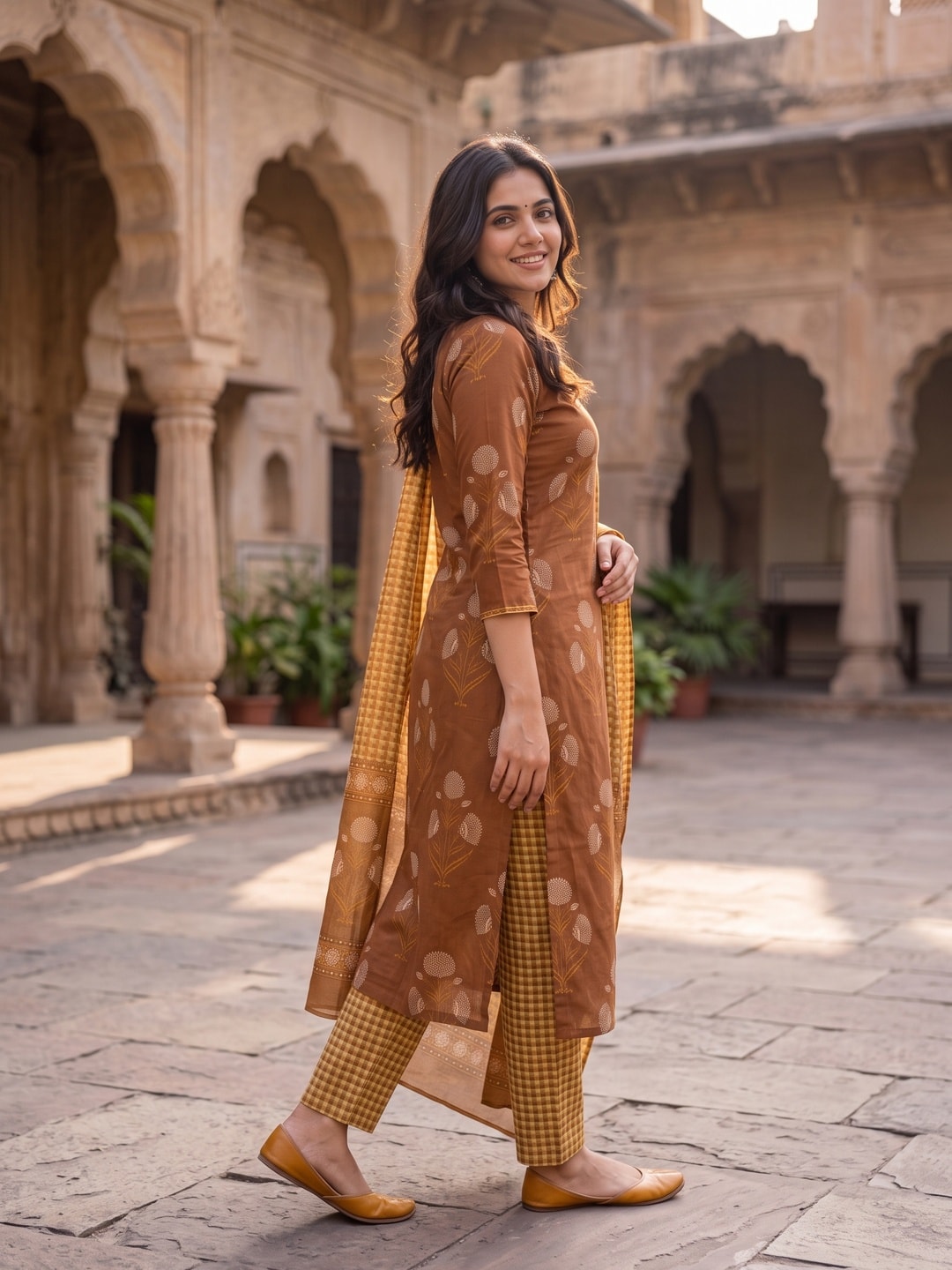 Peachmode Rust Printed Cotton Unstitched Dress Material With Dupatta - Image 3