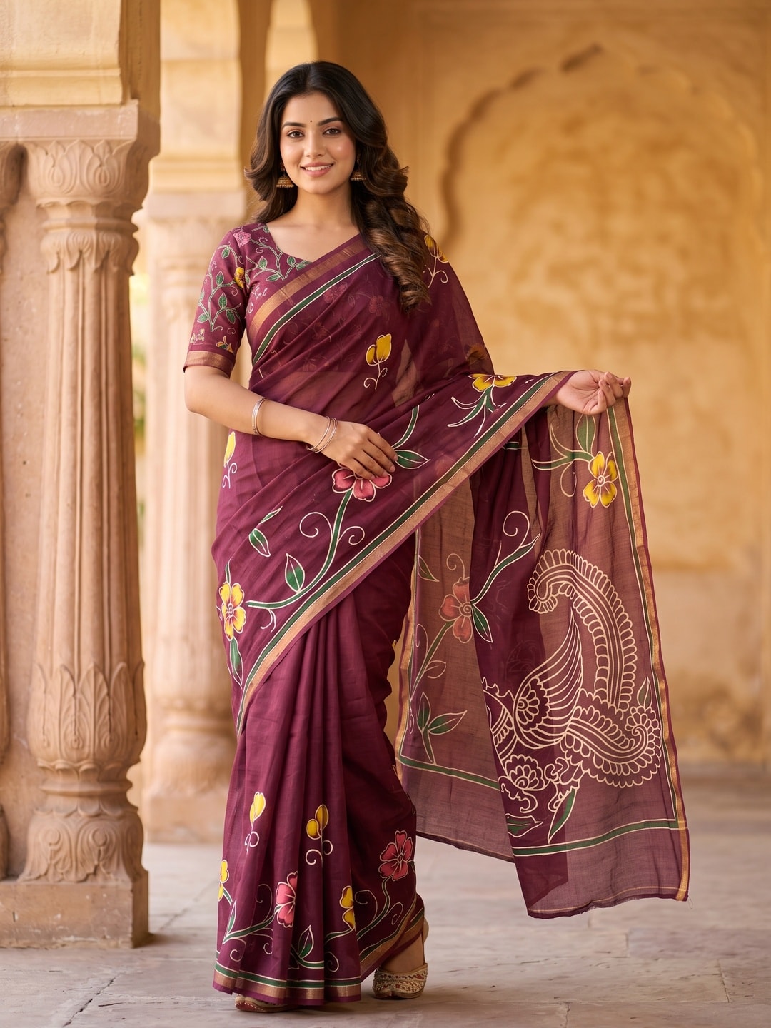 Peachmode Wine Digital Printed Malai Cotton Saree - Image 1
