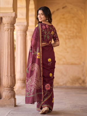 Peachmode Wine Digital Printed Malai Cotton Saree - Image 2
