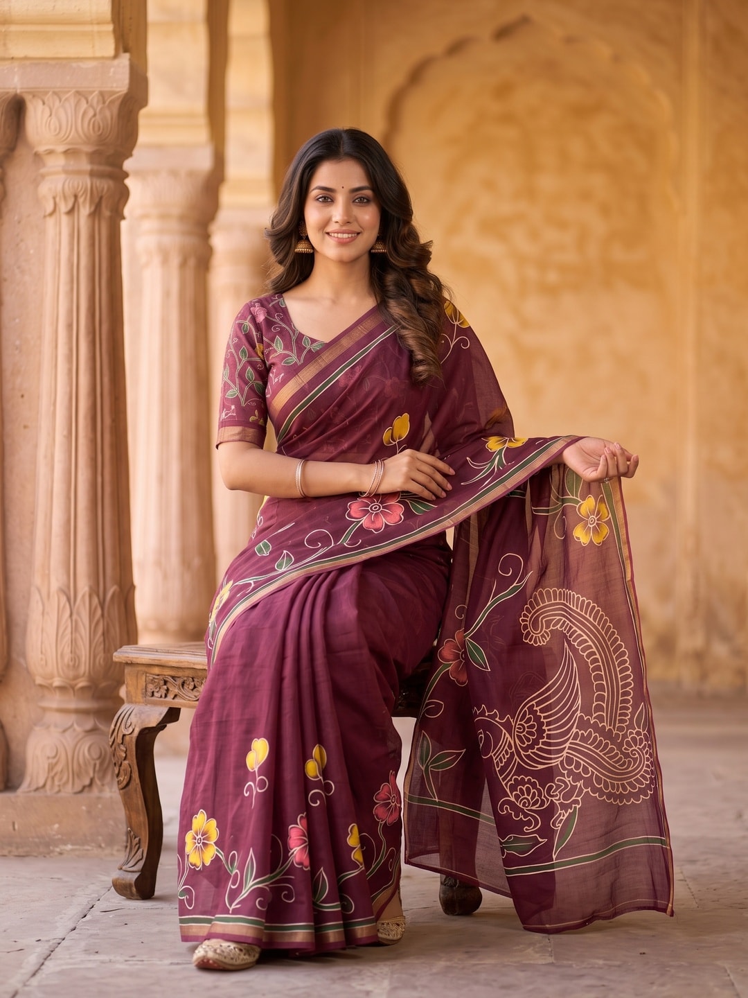 Peachmode Wine Digital Printed Malai Cotton Saree - Image 4