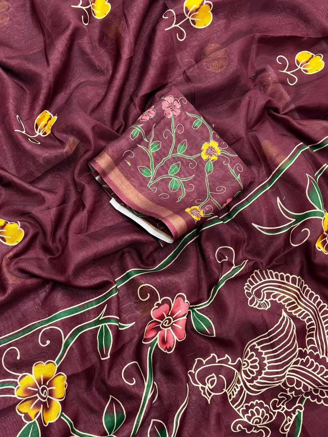 Peachmode Wine Digital Printed Malai Cotton Saree - Image 5