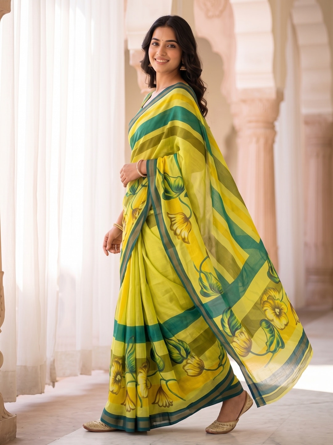 Peachmode Lime Yellow Digital Printed Malai Cotton Saree - Image 3